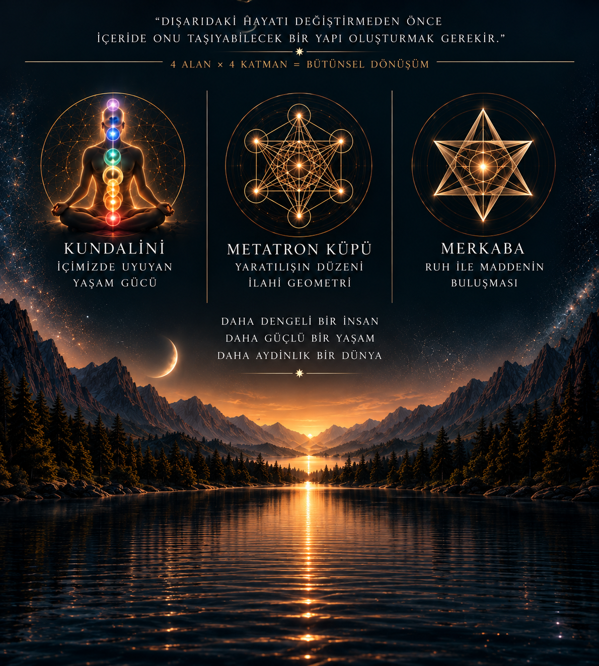 Kundalini: İçimizde Uyuyan Yaşam Gücü Bu bütünlüğün daha derin katmanlarından biri Kundalini kavramıdır. Metatron Küpü ve Kutsal Geometri: Düzenin Hatırlanması. Bu noktada ekolün kutsal geometriyle kesişen önemli sembollerinden biri olan Metatron Küpü karşımıza çıkar. Merkaba: Ruh ile Maddenin Buluşması Ve bu bütünlüğün bir diğer güçlü sembolü Merkabadır. Merkaba, modern spiritüel ve ezoterik öğretilerde çoğunlukla ışık bedeni, bilinç ve ruh-madde bütünlüğüyle ilişkilendirilir.