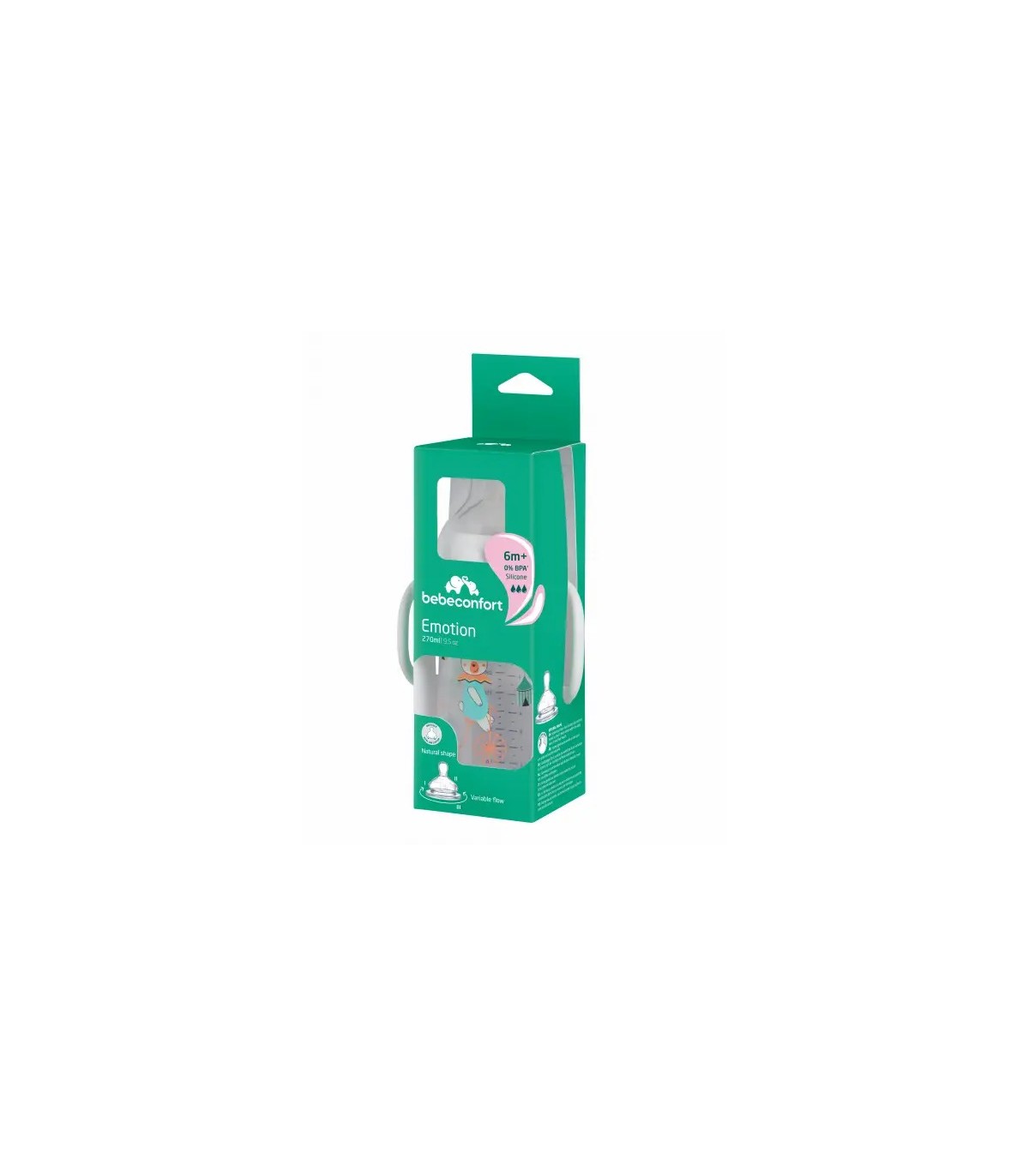 BEBE CONFORT BIBERON EMOTION AVEC POIGNEES FUNNY FRIENDS 270ML 6 MOIS +