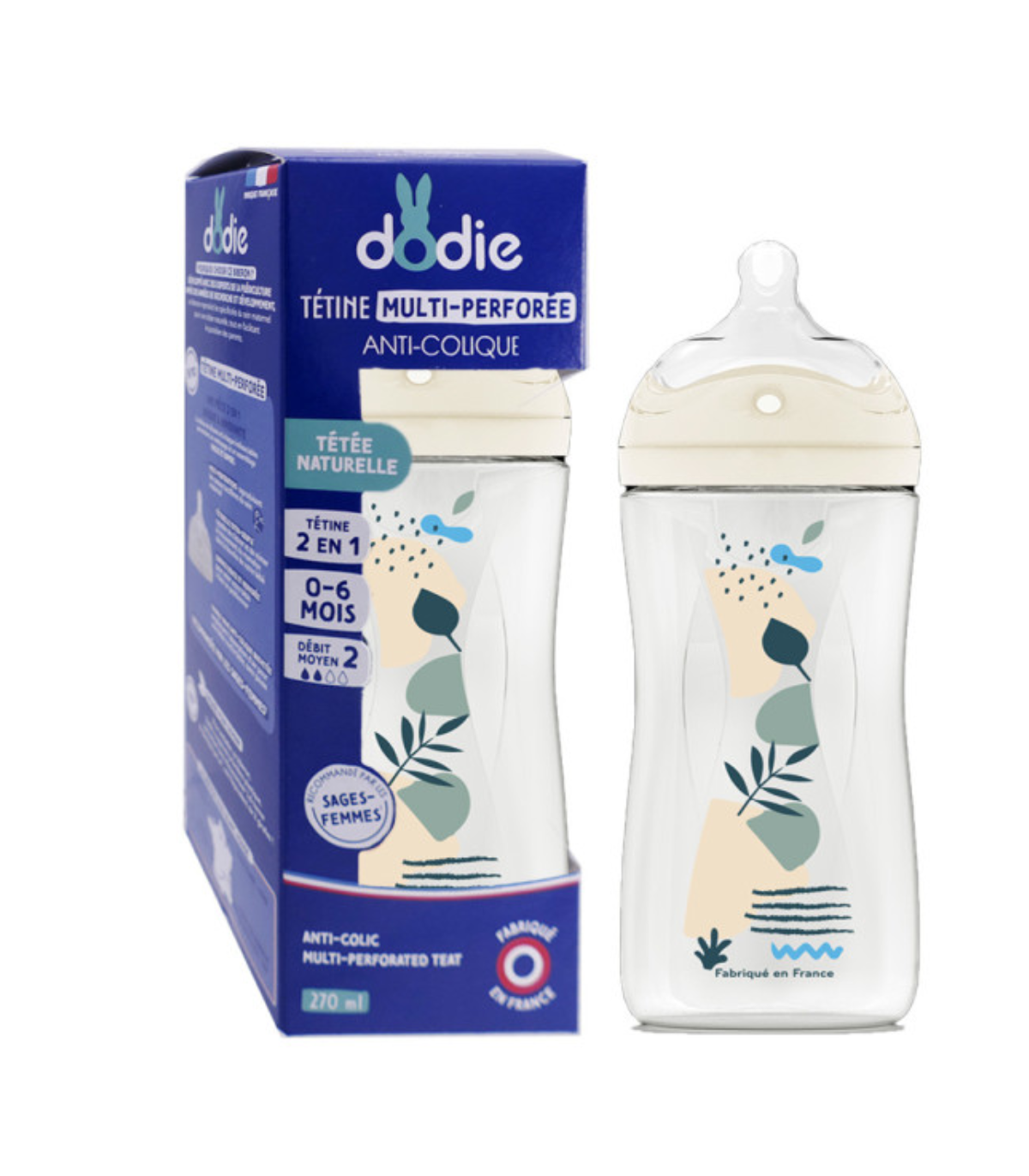 Dodie Biberon à tétine multi-perforée débit 2 anti-colique 270 ml bleu