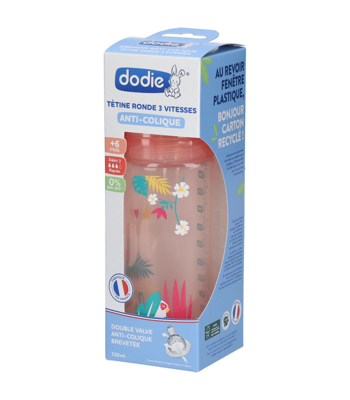 DODIE BIBERON INITATION+ ANTI-COLIQUE TETINE RONDE 3 VITESSES ROSE JE DANSE +6MOIS 330ML