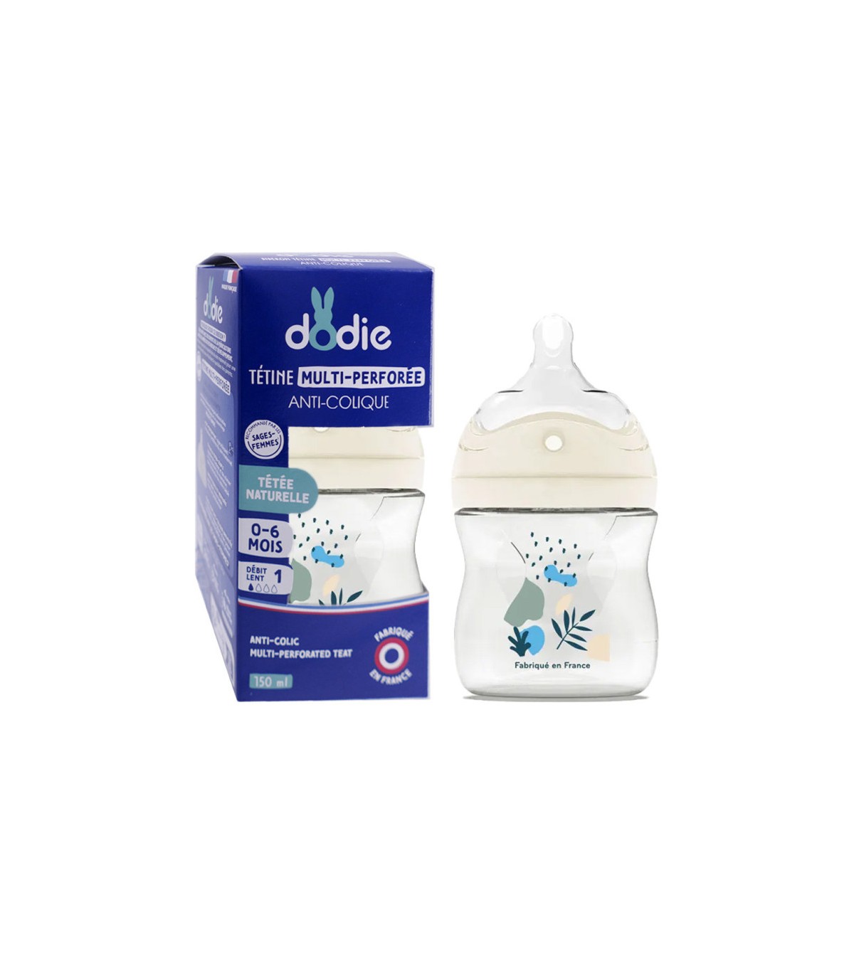 DODIE Biberon Multi Perfore Tetine Debit 1 Bleu 0-6mois 150ml