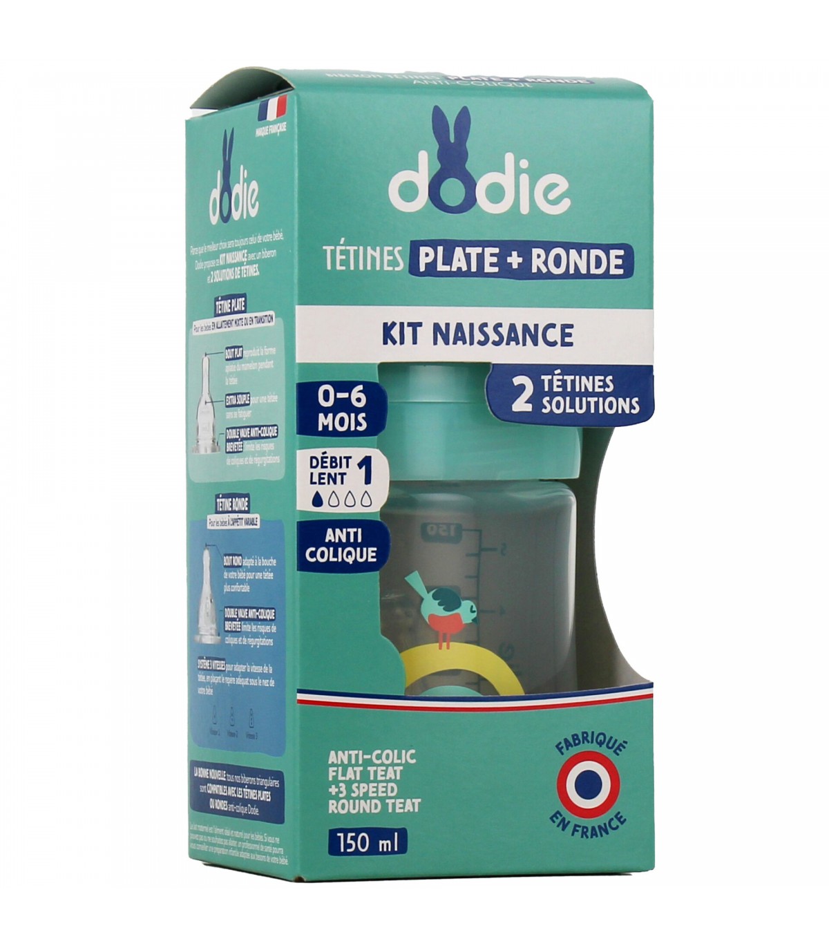 DODIE SENSATION+ CACHE CACHE 0-6M 150ML TETINE PLATE + TETINE RONDE D1b