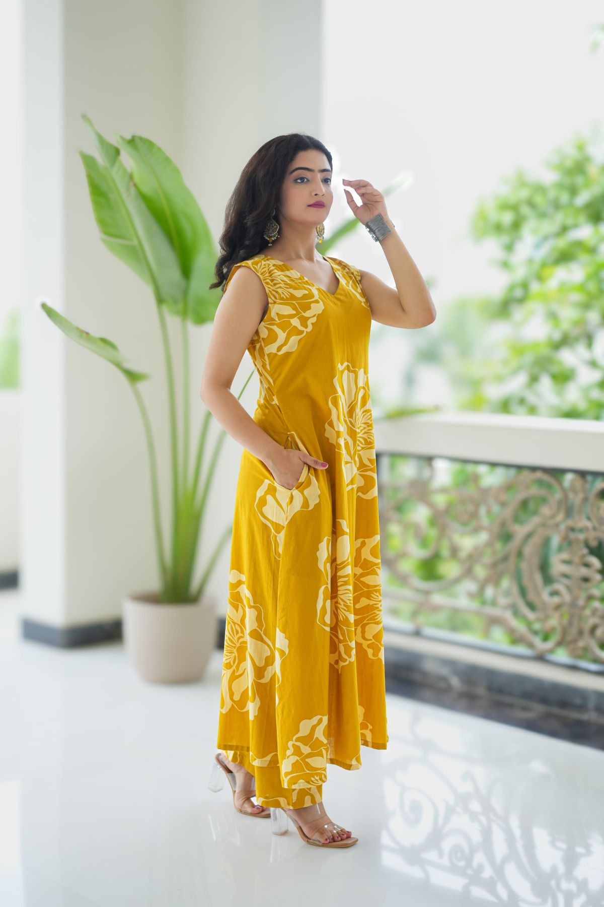 Gulnar Mustard Yellow Printed A Line Cord Suit Set  