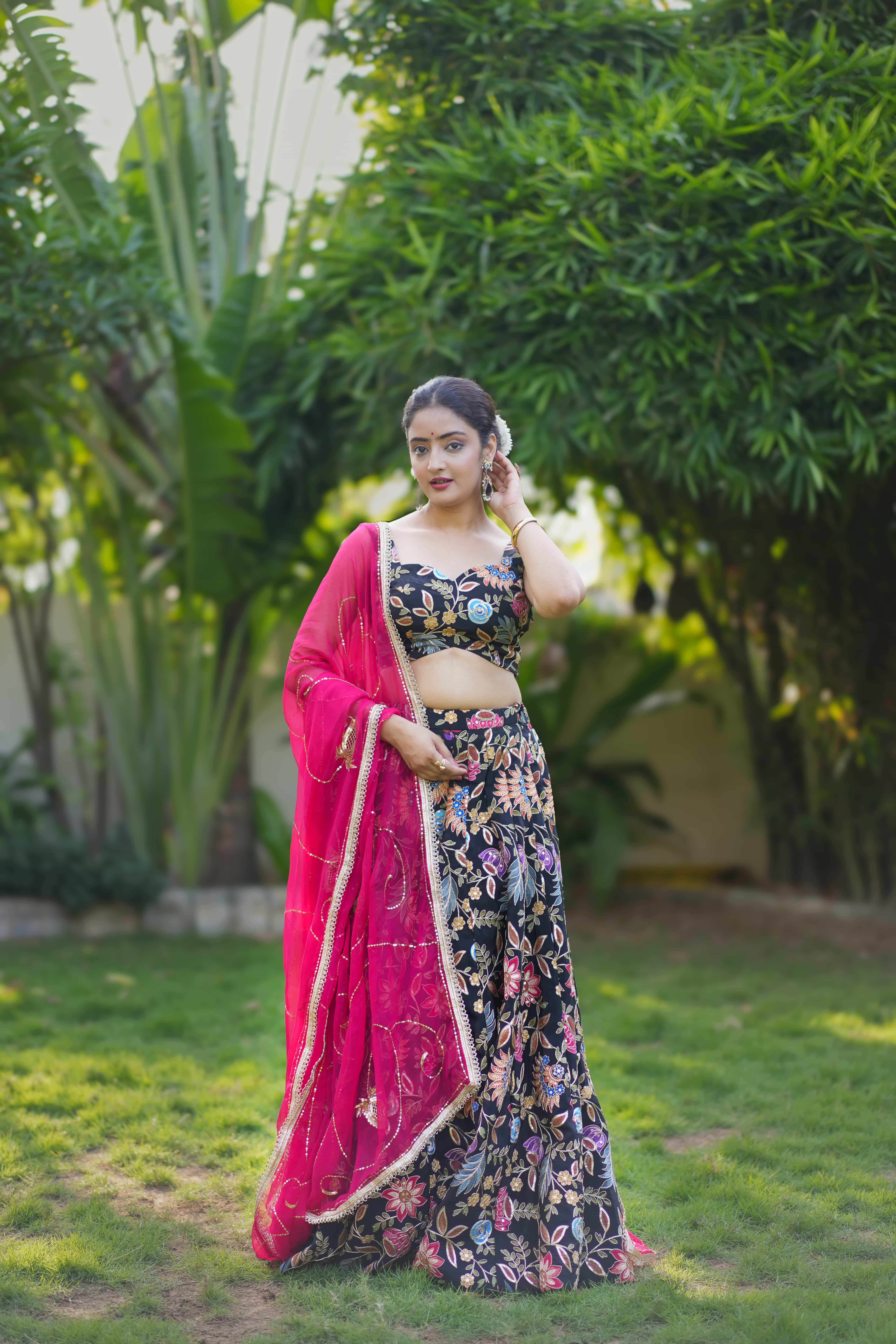Noorjah – Black Multicolor Crepe Lehenga Set with Sequinned Dupatta 