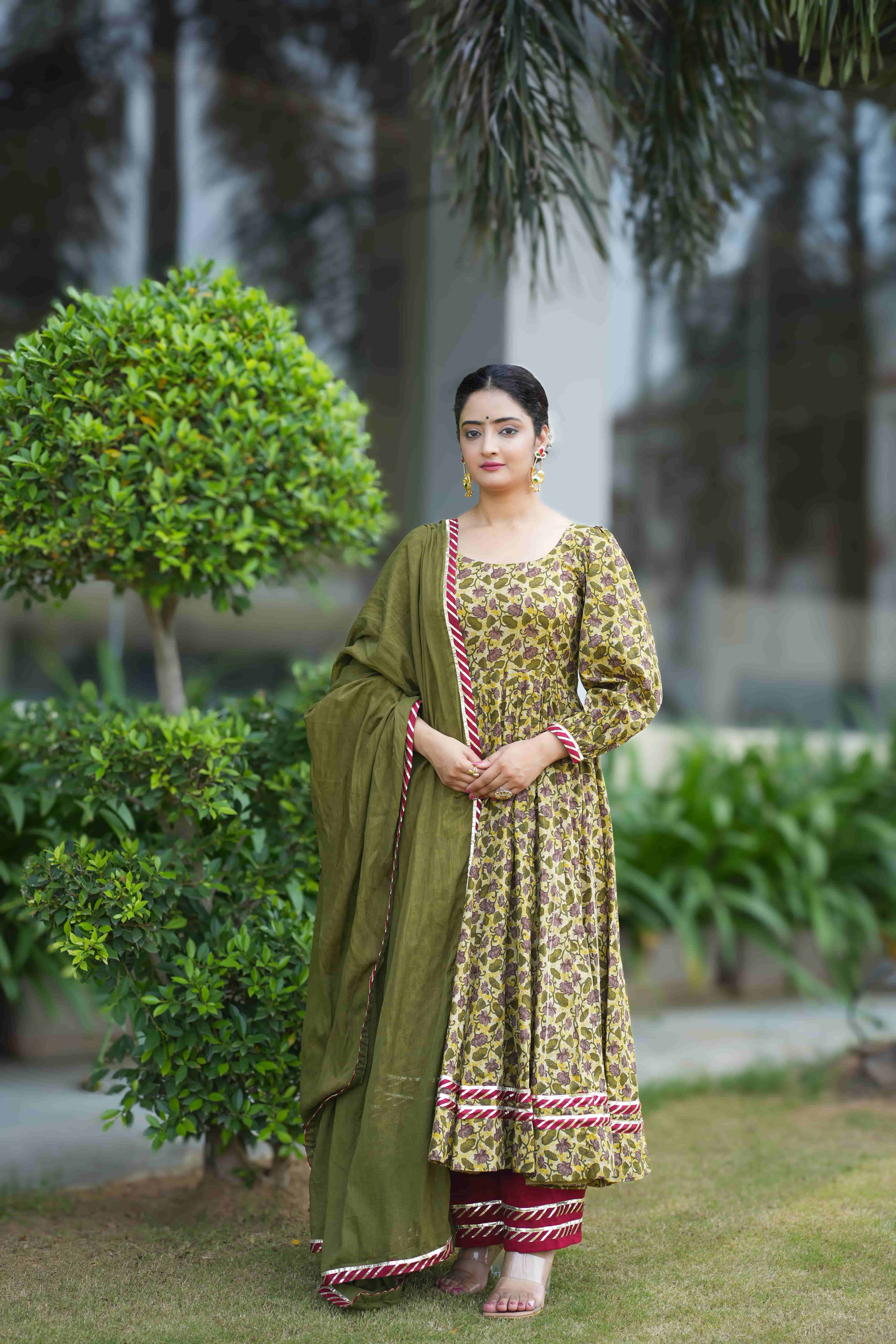 Vrindaa Olive Floral Cotton Anarkali Suit Set
