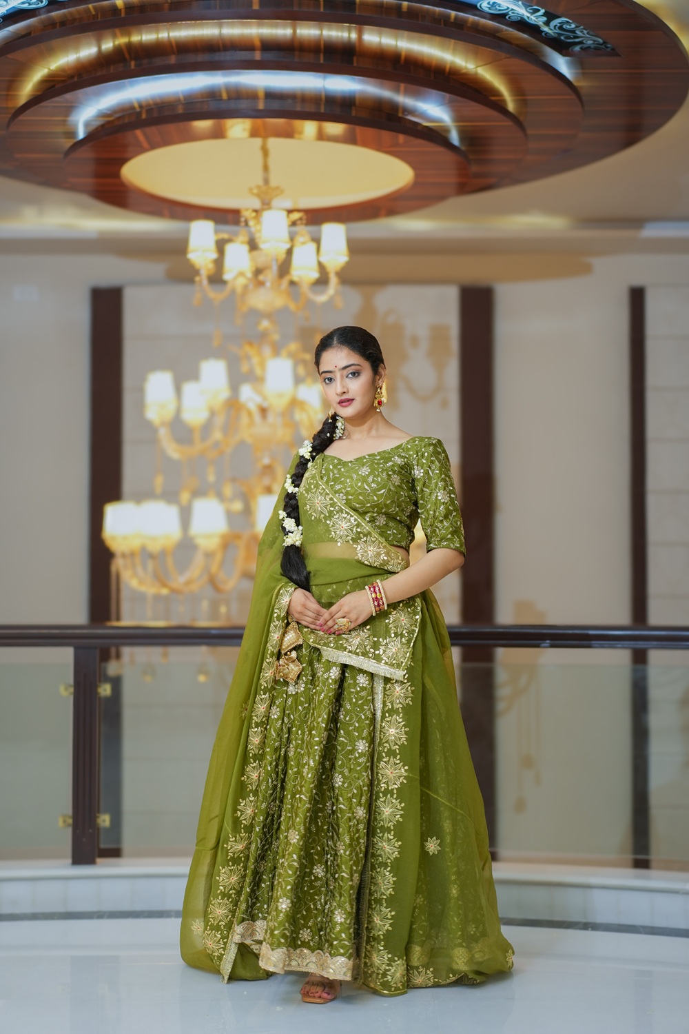 Olive Gold Crush Lehenga Set with Matching Dupatta