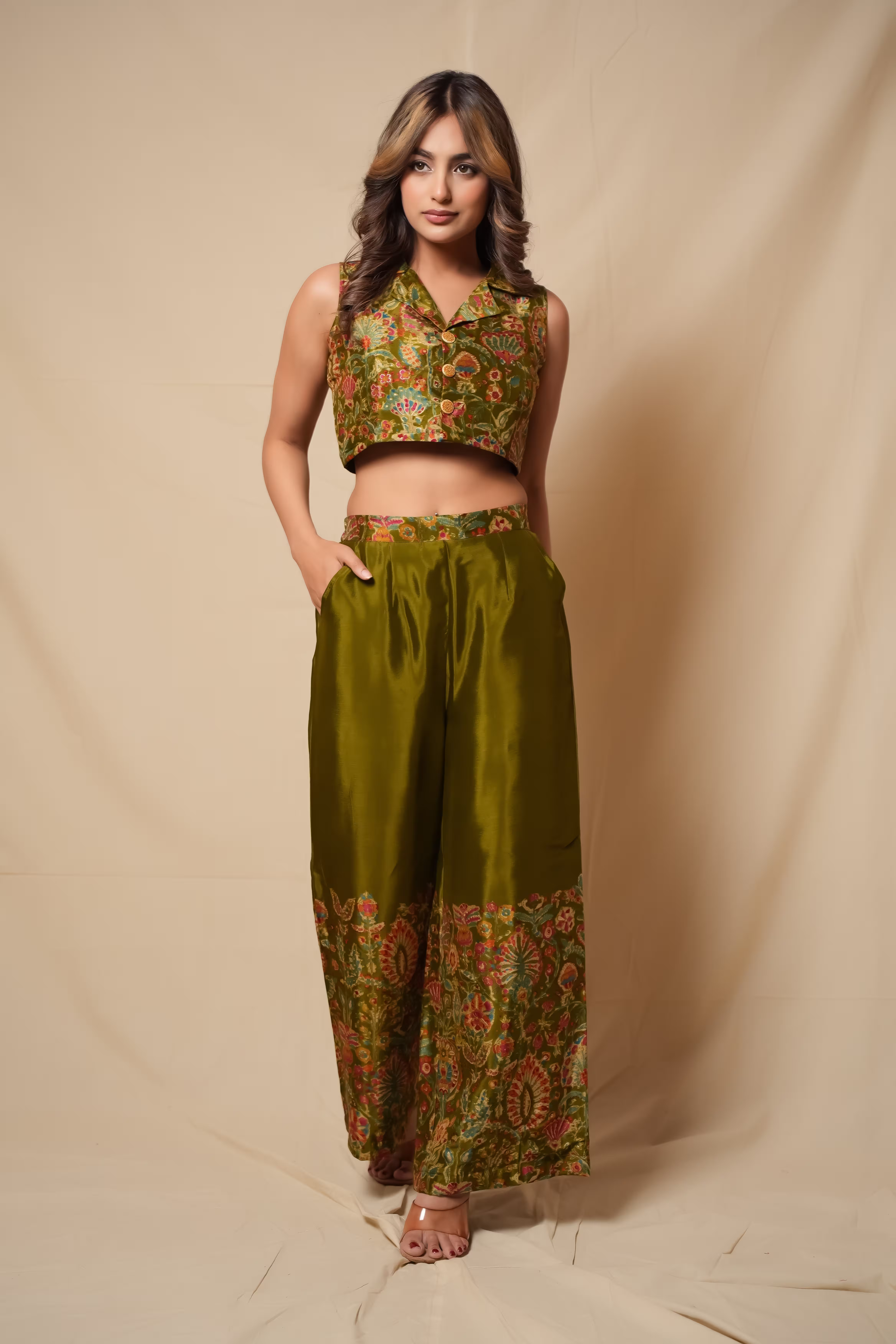 Zaria Olive Green Foil Print Crop Co-ord Set