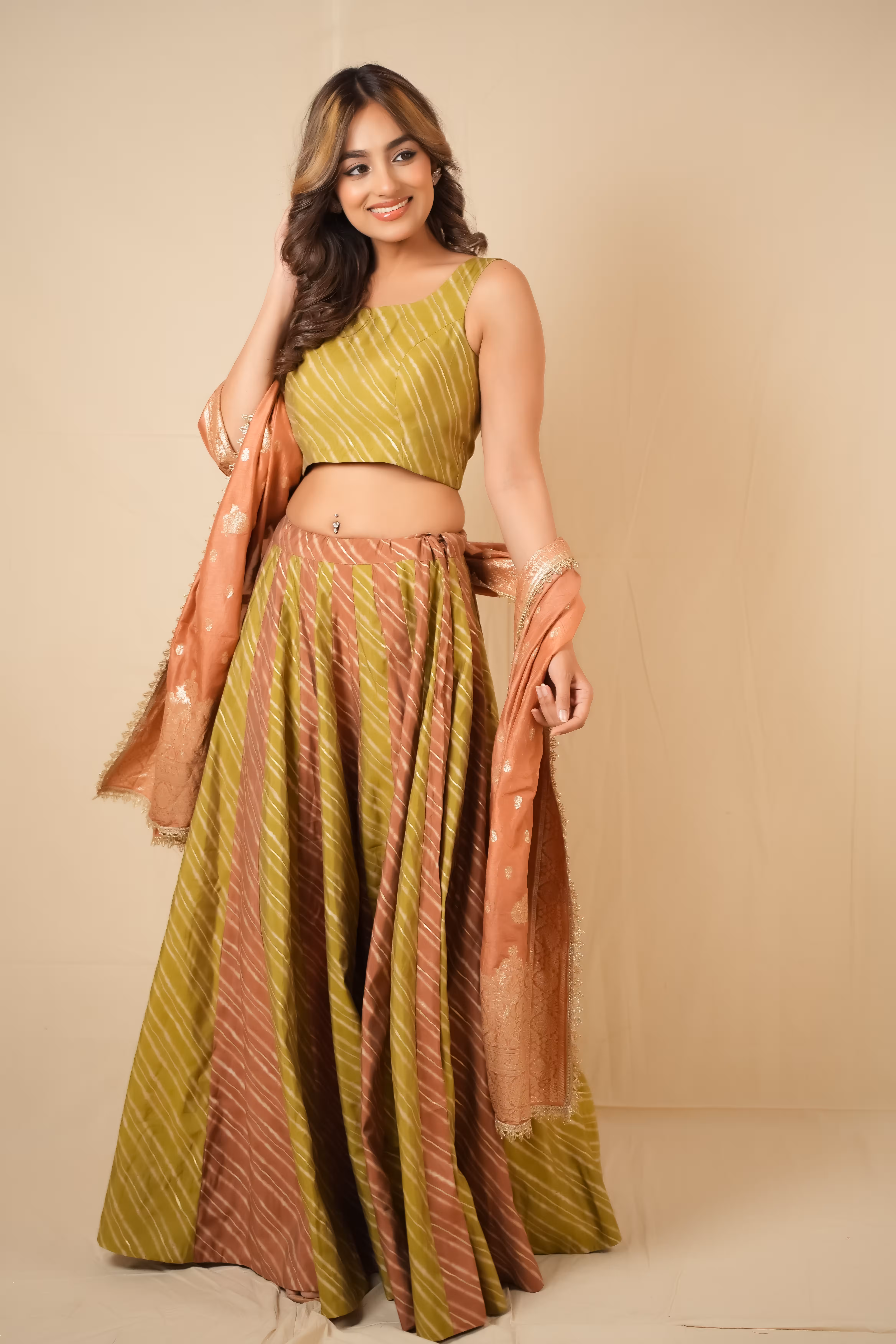 Sunehra Peach-Green Leheriya Lehenga Set