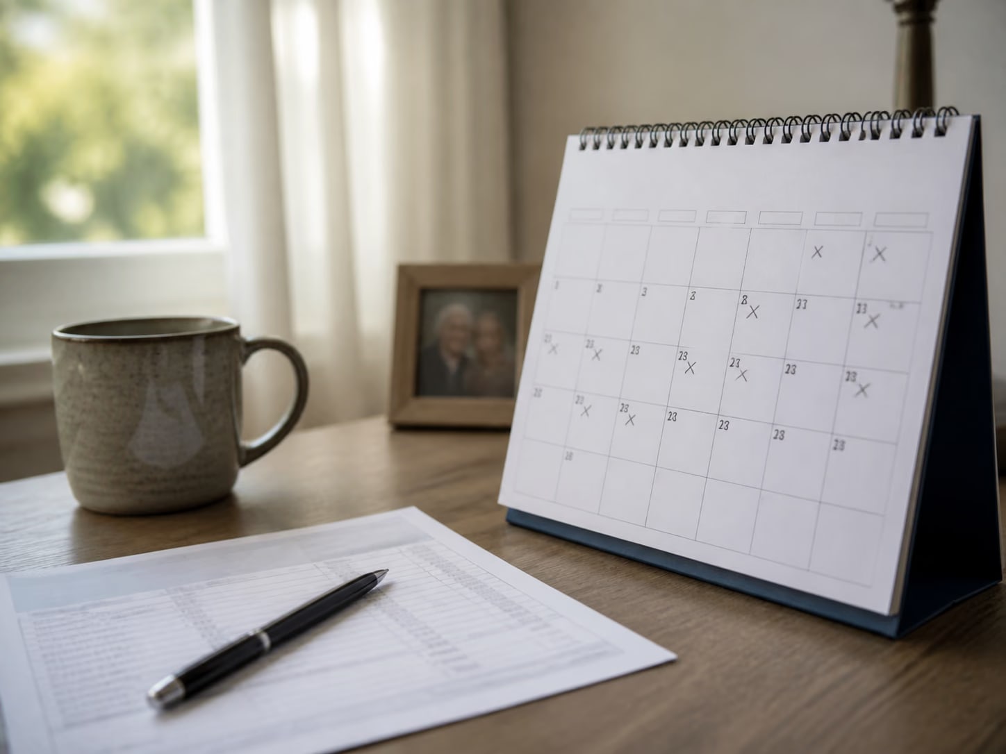 A monthly calendar beside a bank-statement-style paper and pen.