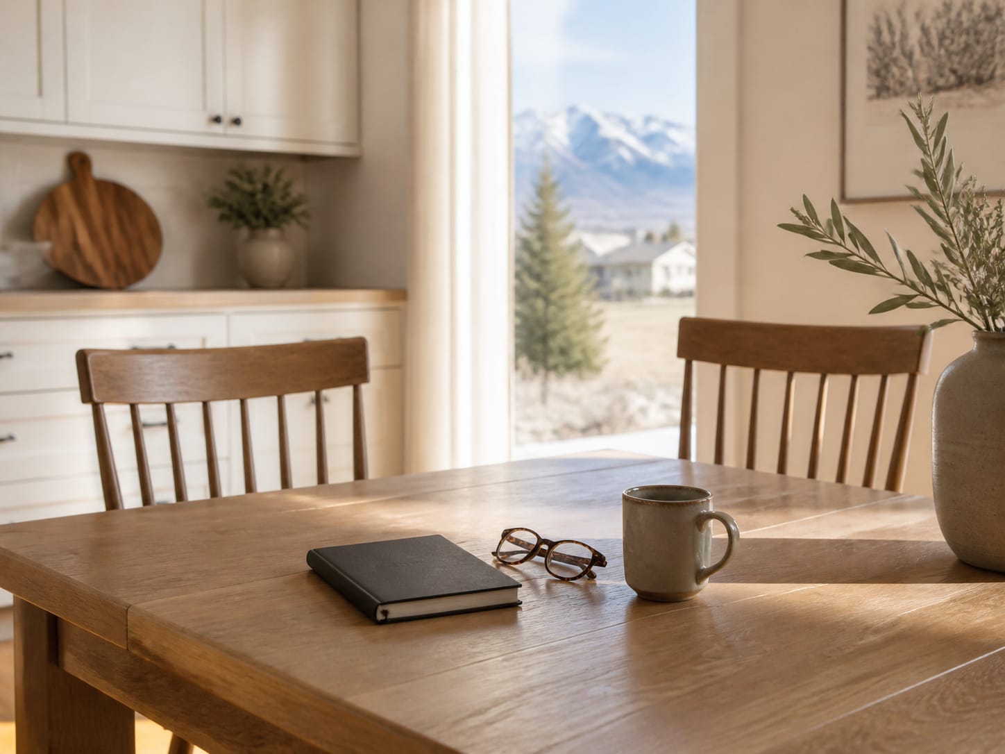 A welcoming kitchen table prepared for a conversation, with two chairs and reading glasses.