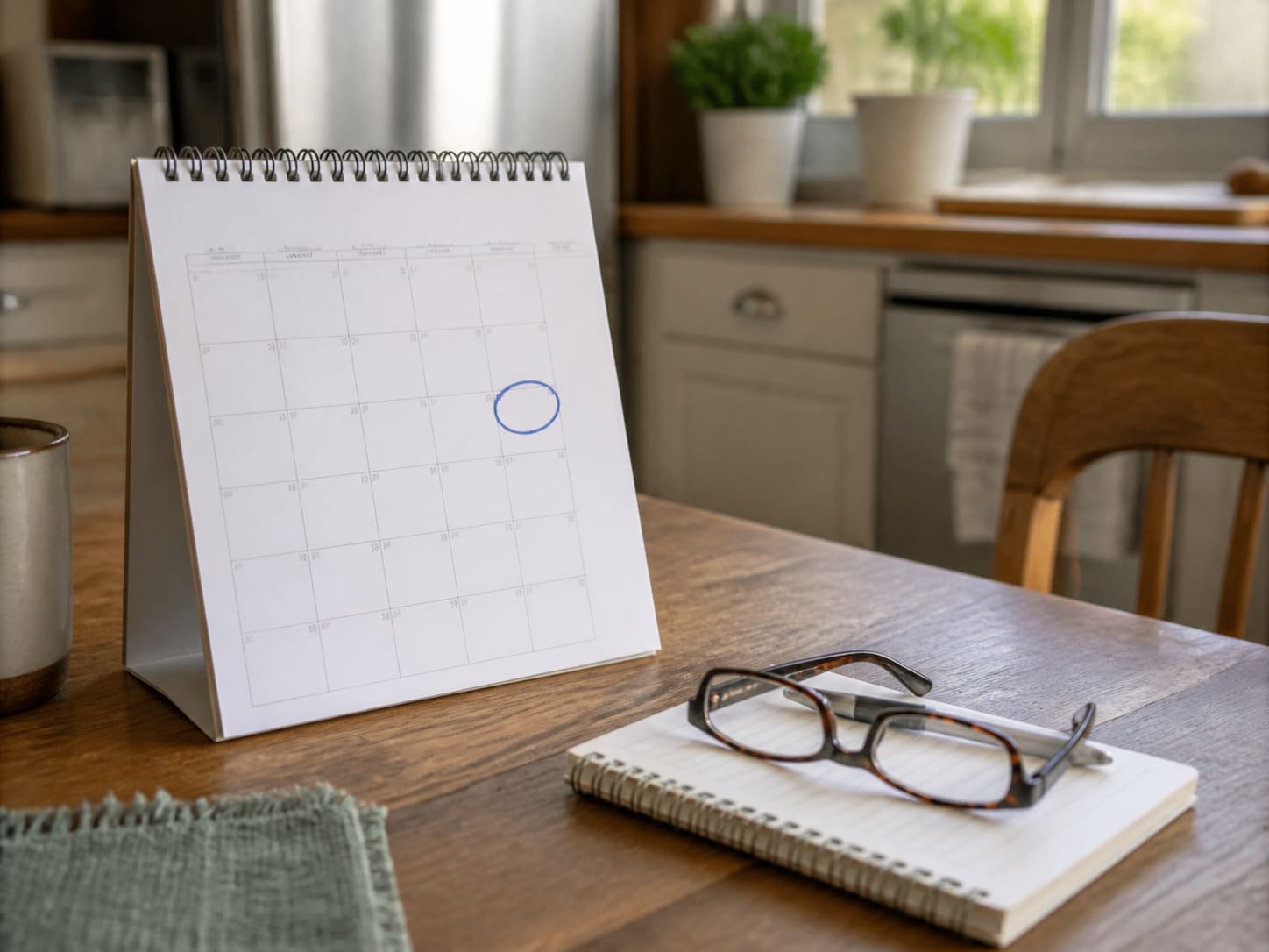 A paper calendar with a date circled beside a notebook and reading glasses.