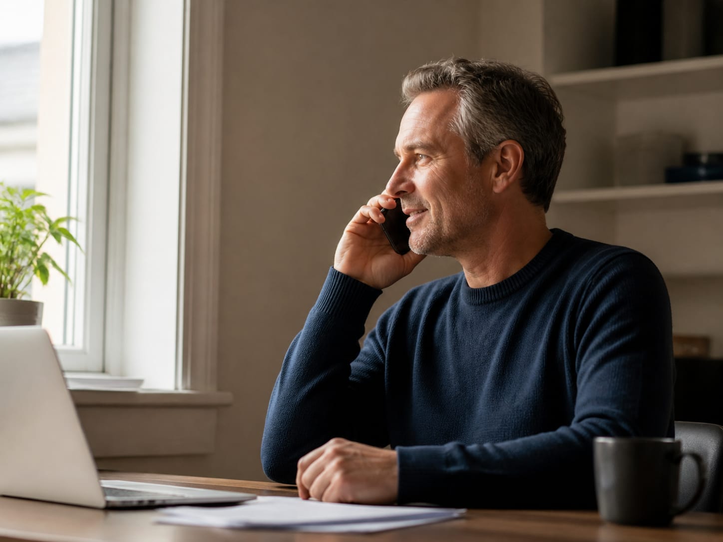 A professional taking a phone call in a quiet home office.