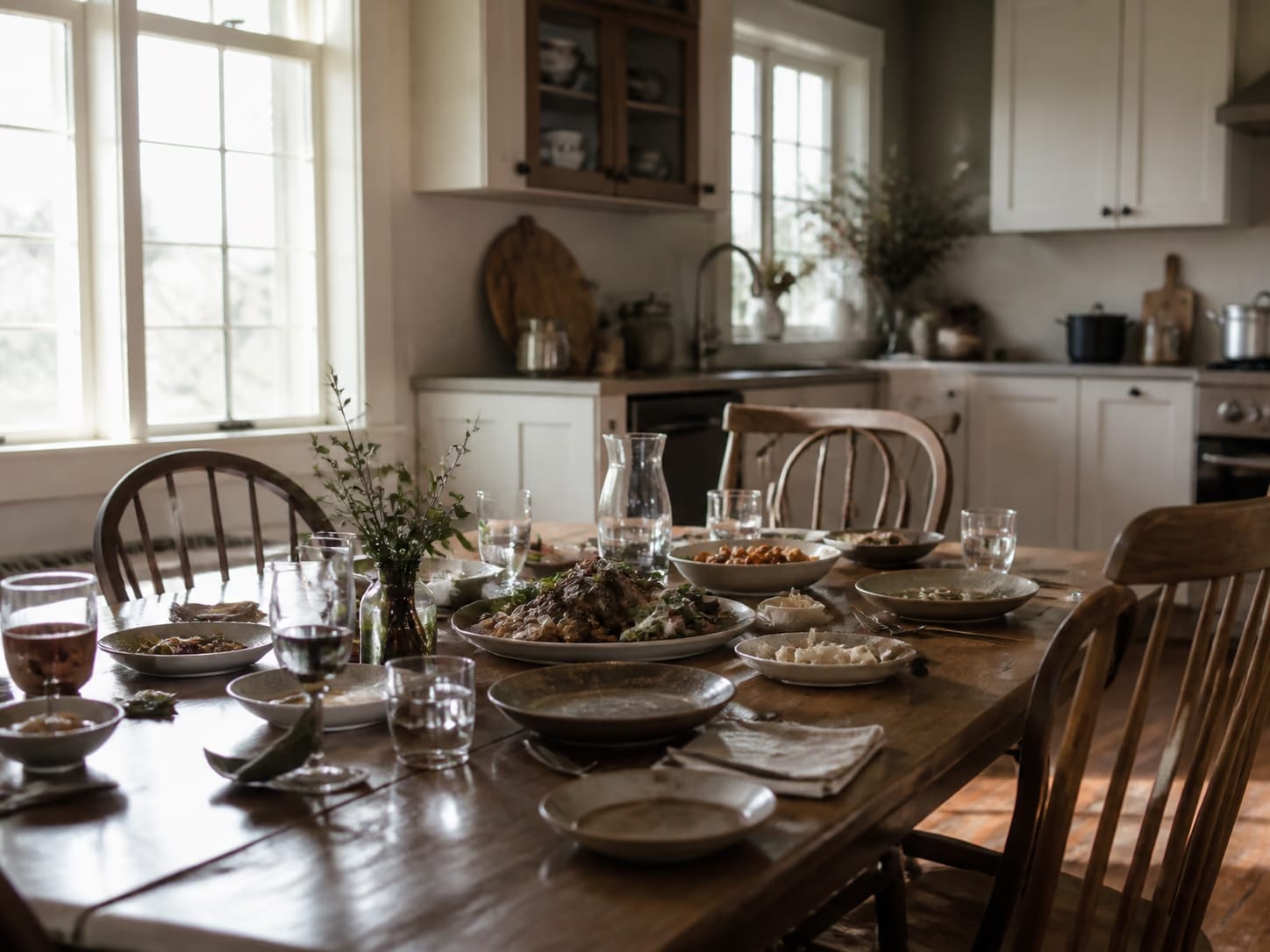 A family kitchen after a gathering, with chairs pushed back from the table.