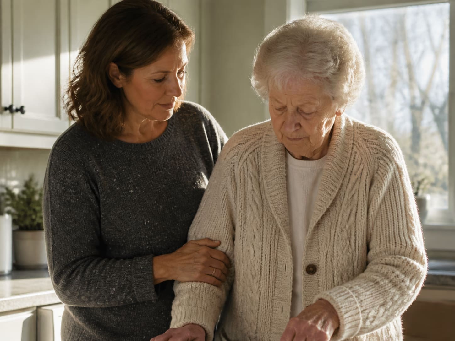 An adult child gently supporting an older parent in a home kitchen.