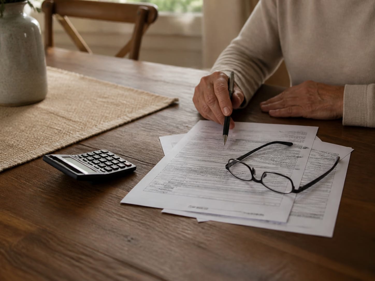 A calculator and tax paperwork on a dining table with reading glasses.