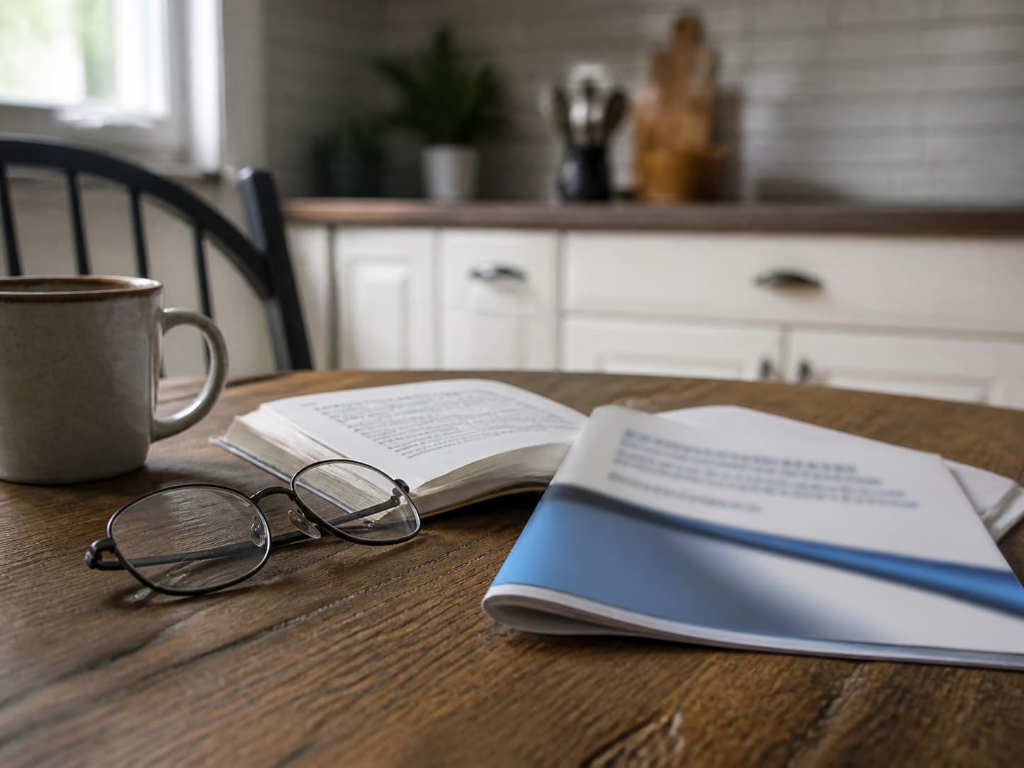 A Medicare handbook and reading glasses on a kitchen table.