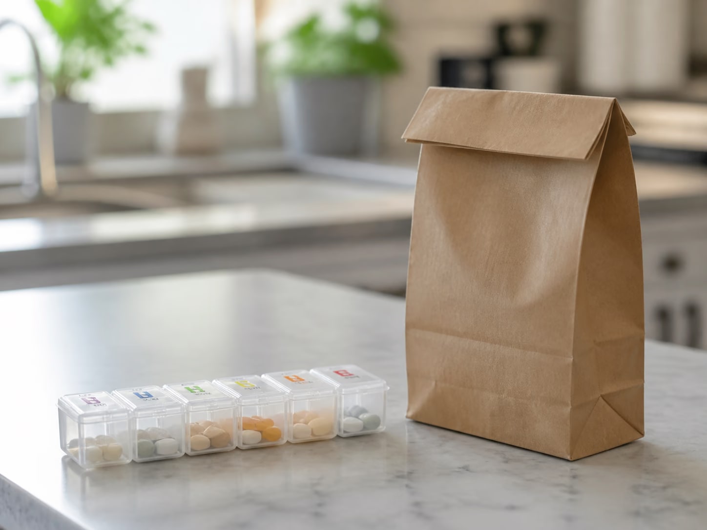A weekly pill organizer and pharmacy bag on a kitchen counter.