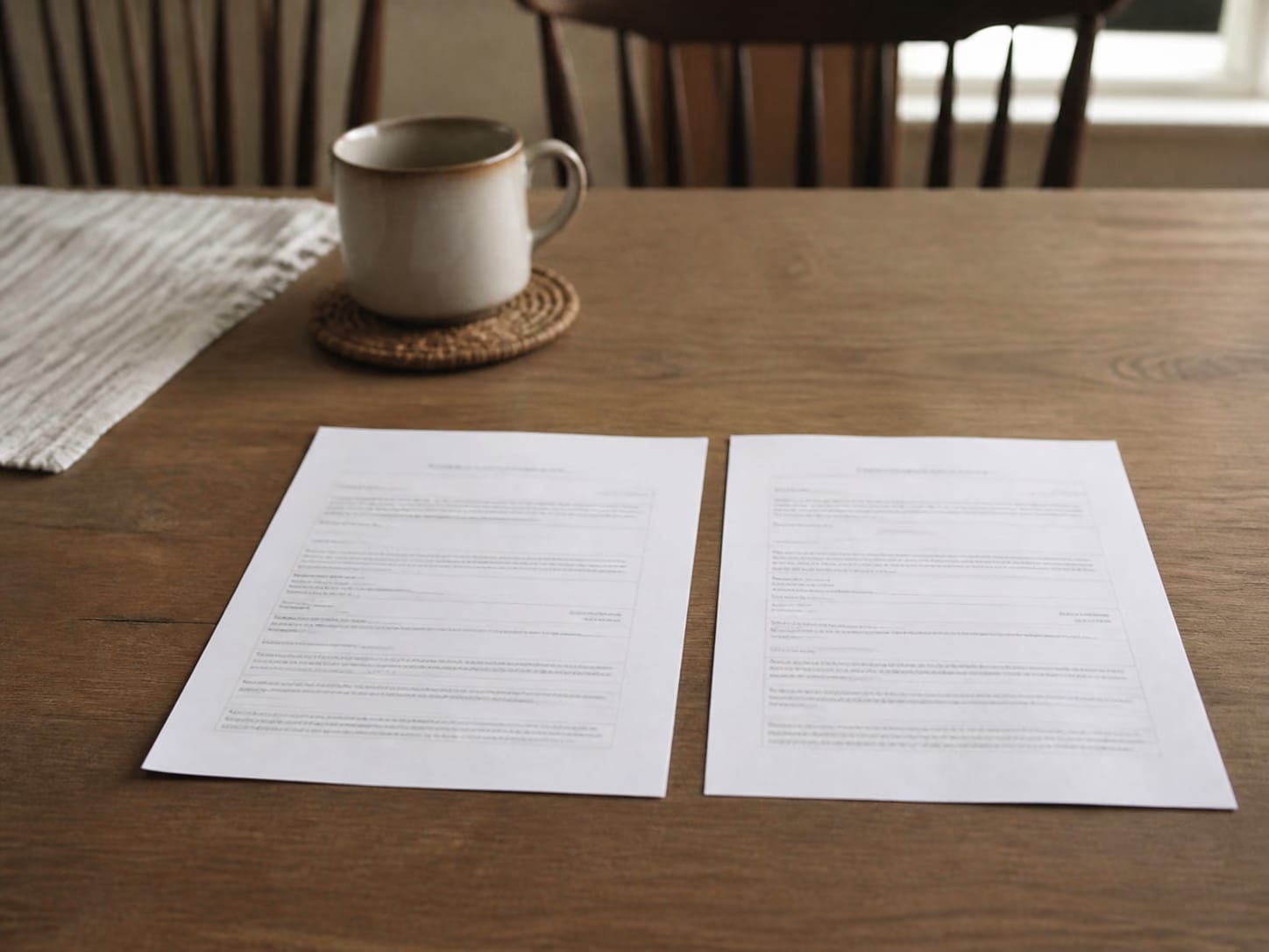 Two government-style documents side by side on a dining table.