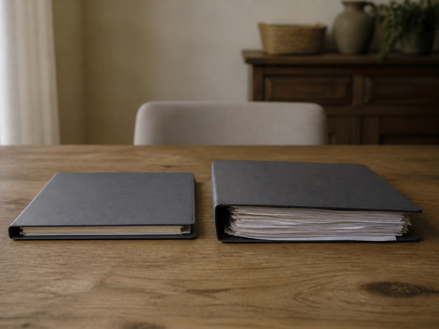 Two policy document folders of different thicknesses on a table.