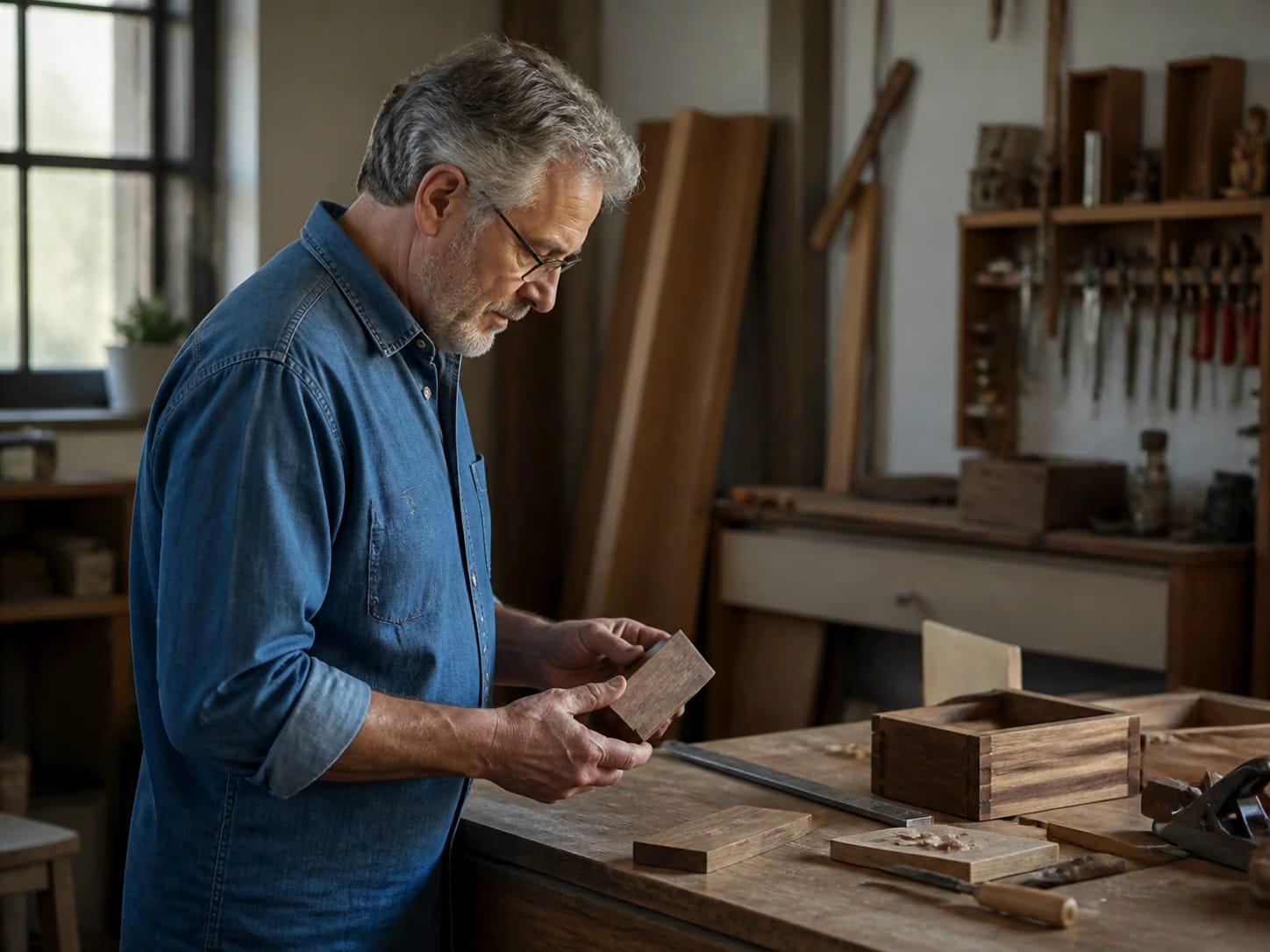 An older adult working on a project in a small workshop.