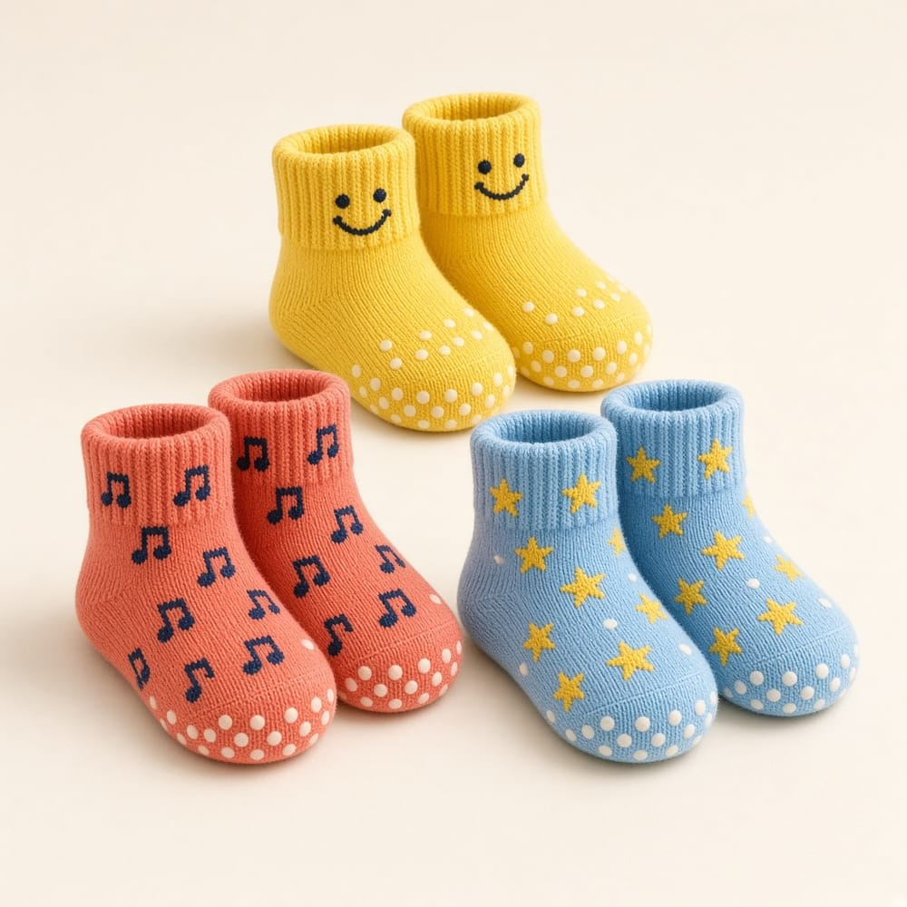 Three pairs of colourful baby socks with smiley, music note and star prints