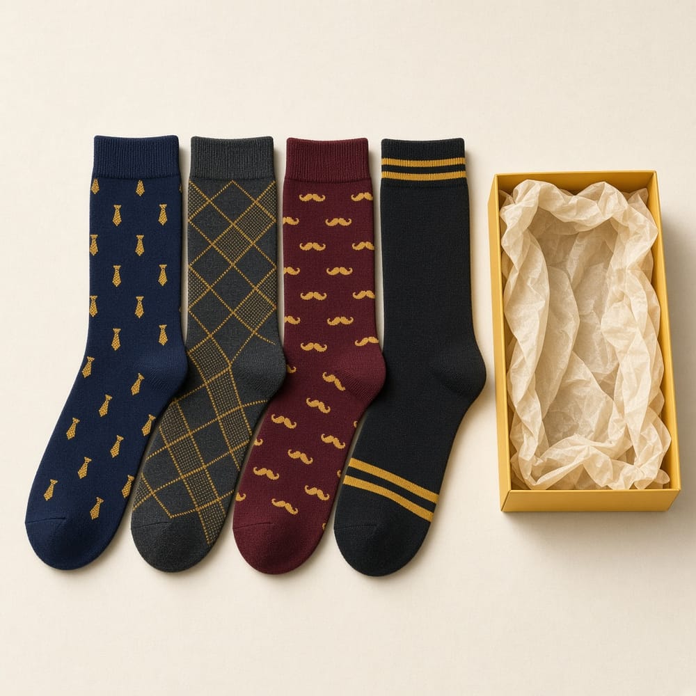 Four pairs of patterned men's dress socks beside a yellow gift box