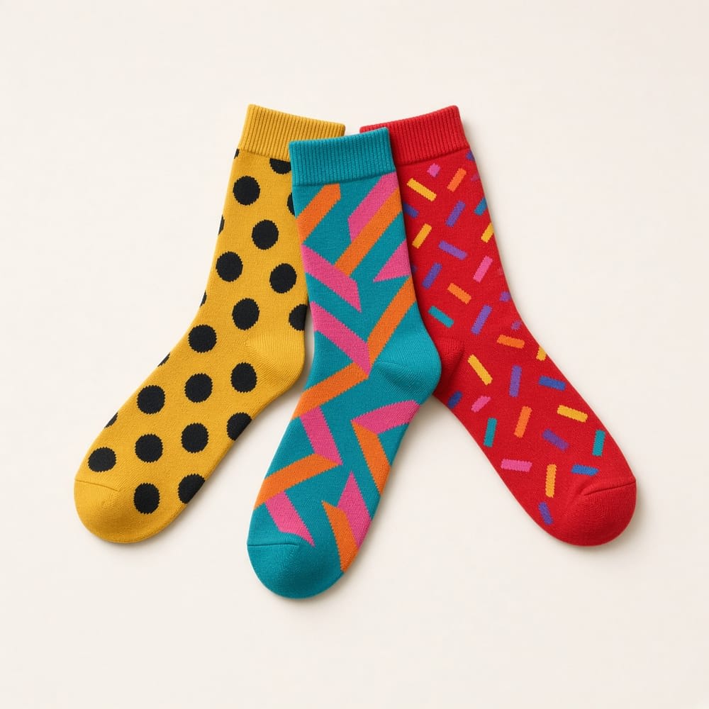 Three pairs of bold patterned socks in yellow, teal and red