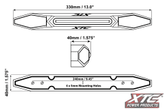 XTC X-Lite chase light bar dimension drawing showing 13-inch length, 1.575-inch height and 9.45-inch mounting hole spacing