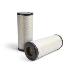 All Balls cylindrical air filter with white pleated media and black end caps, shown standing and lying on its side