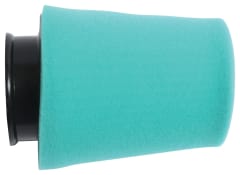 Side view of a green foam air filter with a black rubber mounting flange.