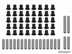 Full A-arm bushing kit laid out: 40 black flanged bushings in rows and 20 steel sleeves in two lengths.