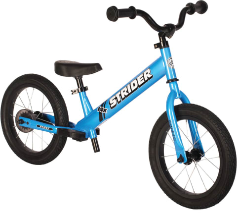 Strider 14x balance bike in blue, angled view without pedals