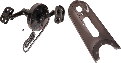 Strider 14x Easy-Ride Pedal Kit showing pedals, crank assembly, chain, and chain guard