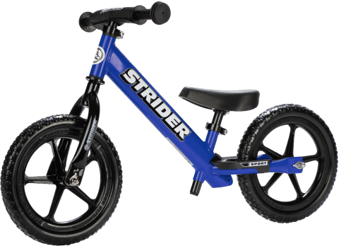 Strider 12 Sport balance bike in blue, angled view
