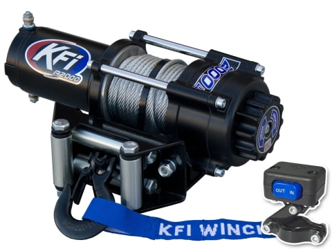 Black KFI A2000 ATV winch with steel cable, roller fairlead, blue strap and handlebar switch, front three-quarter view