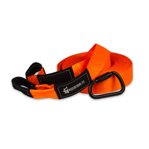 Orange Mountain Lab 40-foot tow and recovery strap, coiled, with black steel carabiner