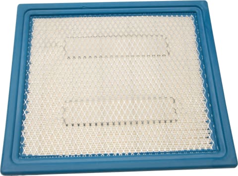 All Balls flat panel air filter with blue frame and white pleated media behind wire mesh, top view