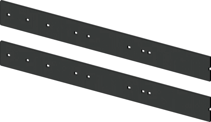 Two black KFI 50-inch steel plow wear bar sections with mounting holes, laid side by side