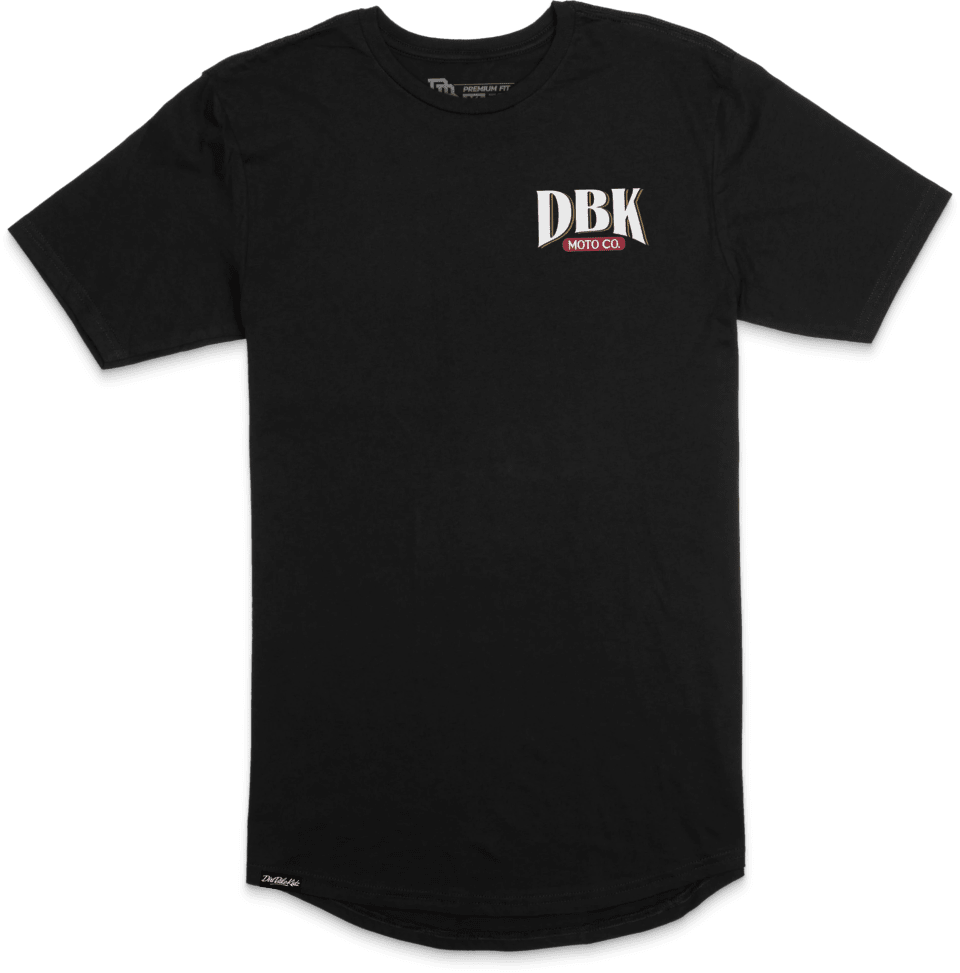 DBK Beer Co Premium Tee in black, front view with small DBK Moto Co. chest logo