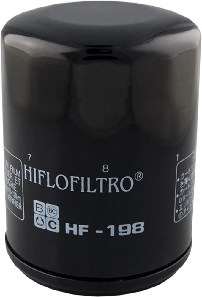 Black Hiflofiltro HF198 spin-on oil filter with HF-198 printed on the side