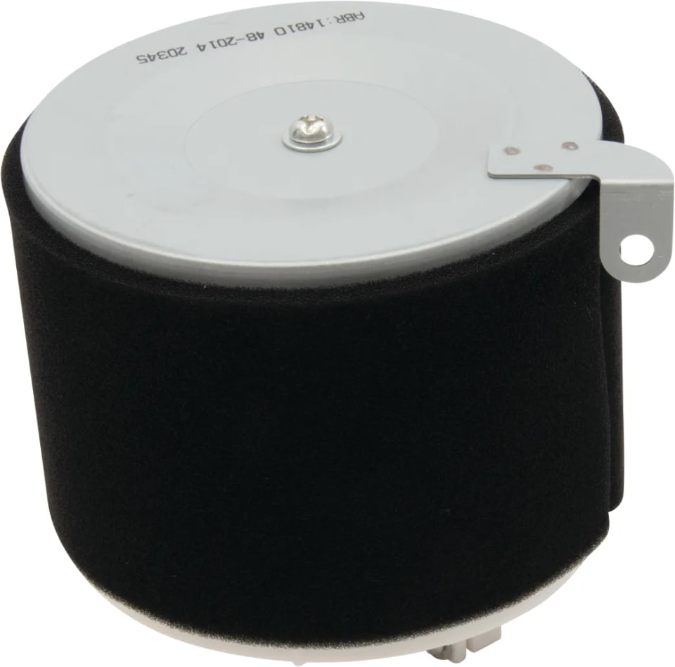 Round air filter with a black foam outer wrap, a silver metal top plate with a center bolt, and a mounting bracket on one side.