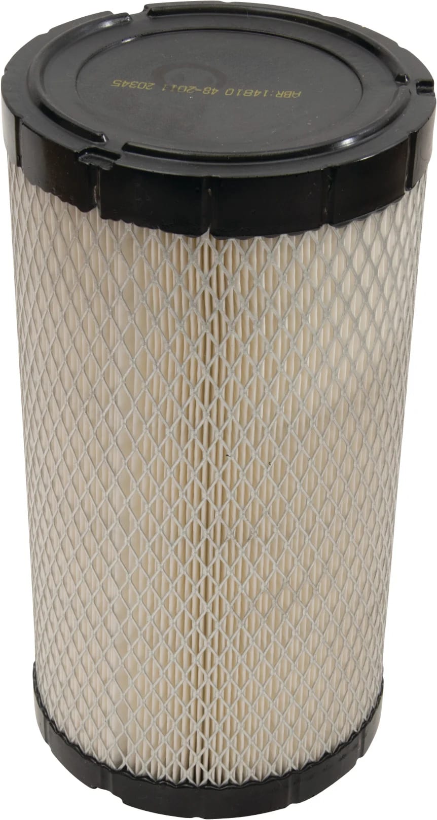 Tall cylindrical pleated air filter with a diamond-mesh outer screen, a black top cap printed with part numbers and a black base.