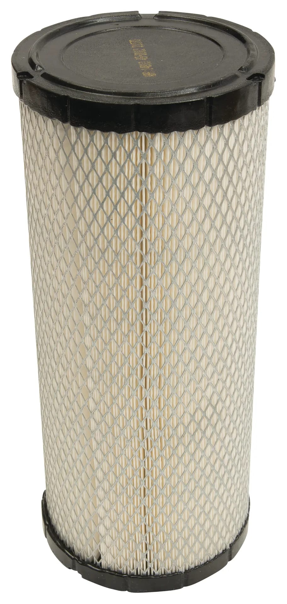 Cylindrical pleated air filter with a diamond-mesh outer screen and black rubber end caps, standing upright.