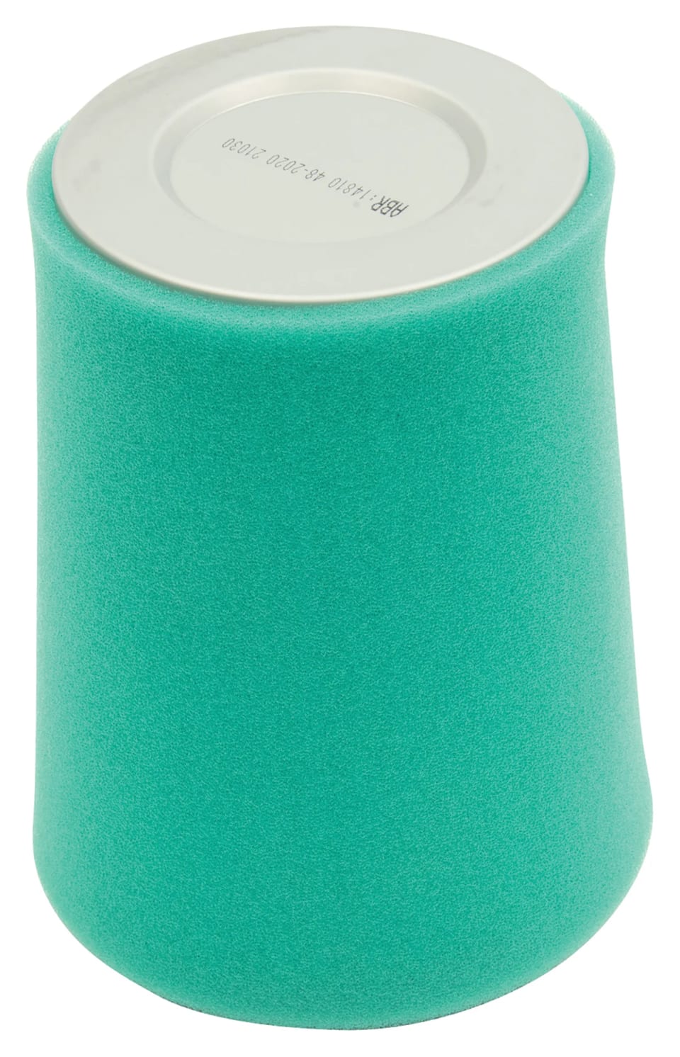 Tall tapered air filter with a green foam outer wrap and a silver metal end cap on top.