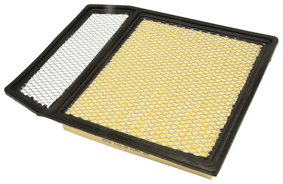 Flat panel air filter with yellow pleated media, a black rubber frame, and a mesh-covered side section.