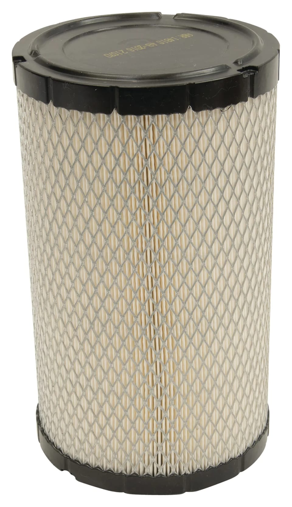 Cylindrical pleated air filter with a diamond-mesh outer screen and black end caps, standing upright.