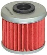 Cartridge oil filter with red pleated media, silver metal end caps and a black rubber seal in the top opening.