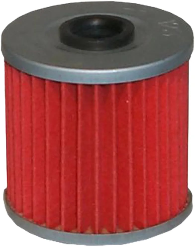 Cartridge oil filter with red pleated media, a gray metal top cap with a black rubber center seal, and a gray bottom ring.