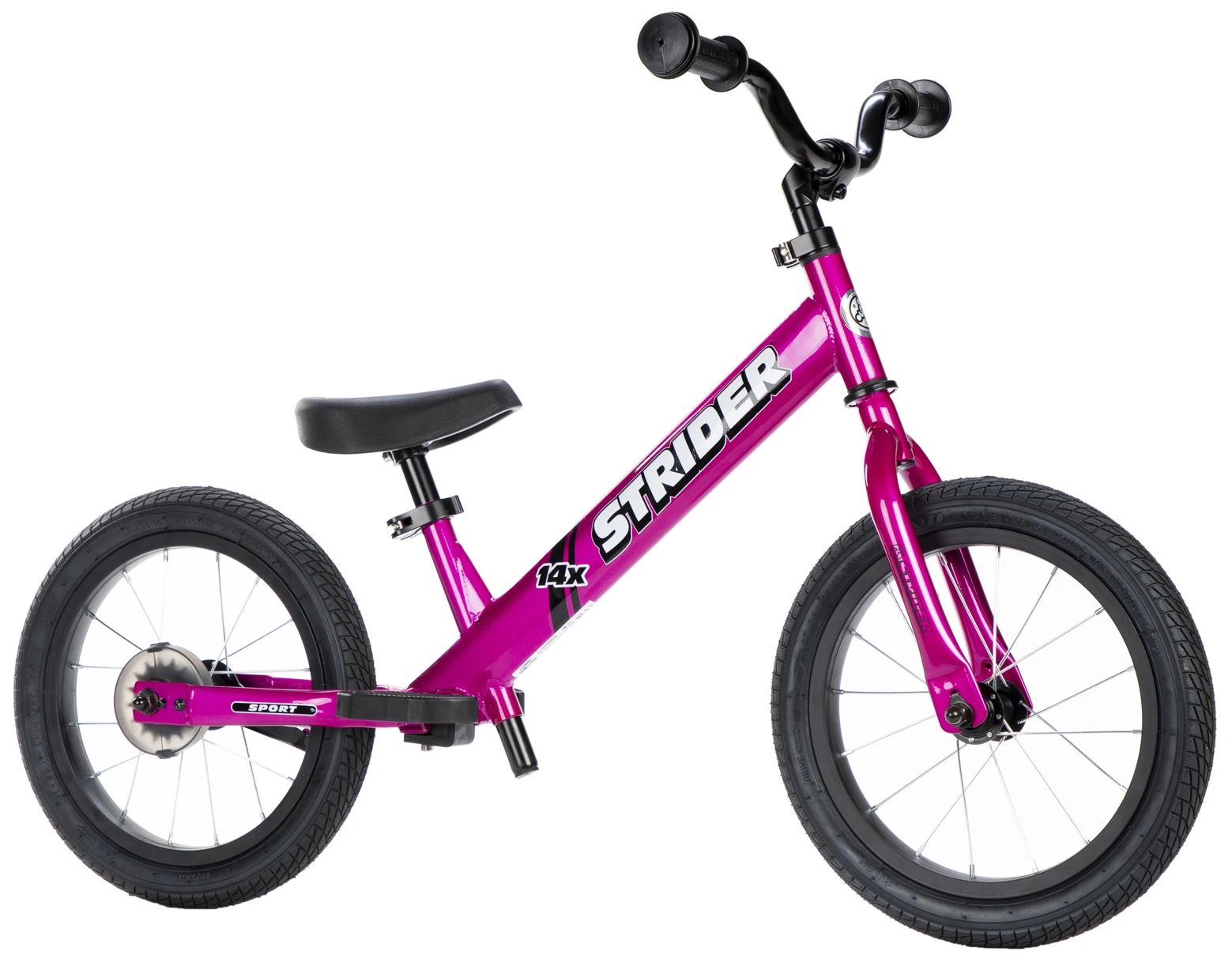 Strider 14x balance bike in pink, side view without pedals