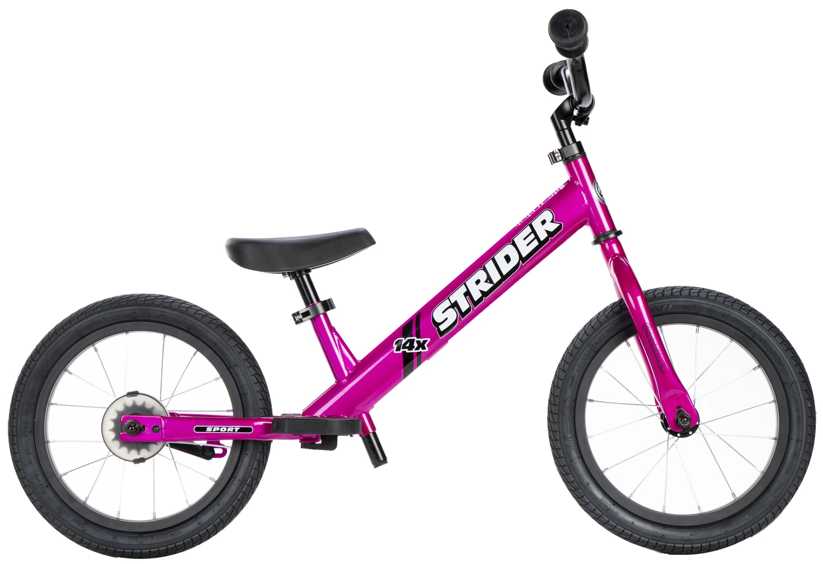 Strider 14x balance bike in pink, opposite-side view without pedals